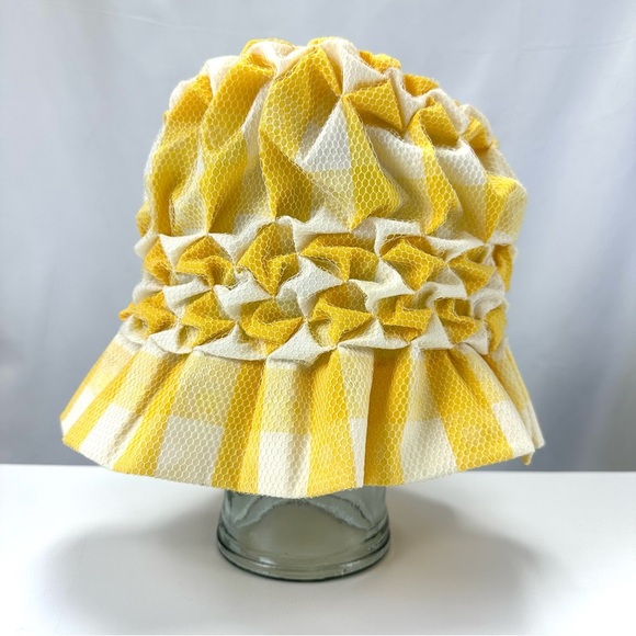 60s Vintage Gingham smocked mesh womens Sunhat yellow white Packable stretch fit - Picture 4 of 11